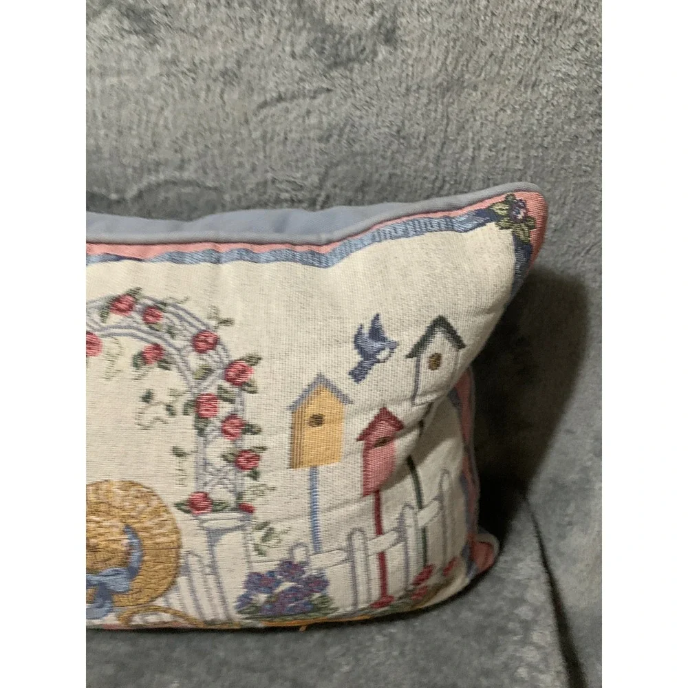Vtg Garden Tapestry Throw Pillow Birdhouse Sun Hat Floral Accent Blue Cottage